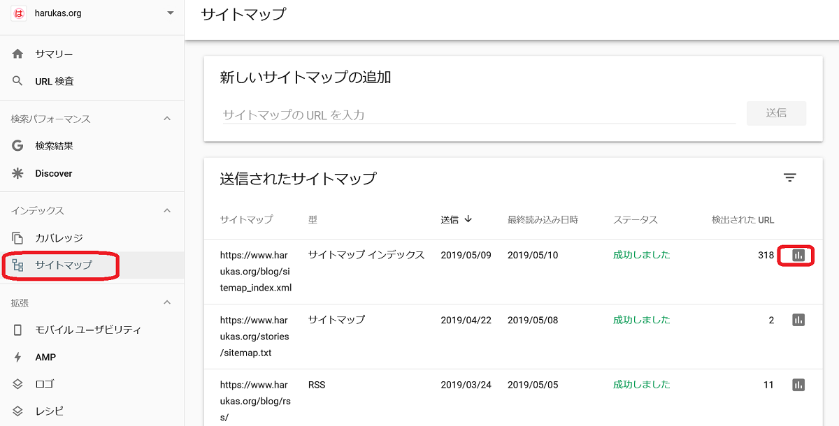 Googleのサーチコンソールを使用したサイトマップのインデックス状態